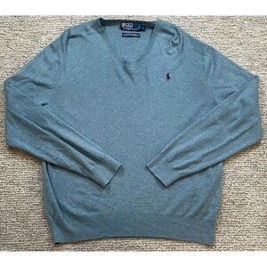 Polo Ralph Lauren Sweater Mens Large V Neck Pima Cotton Knit Teal‎ Classic